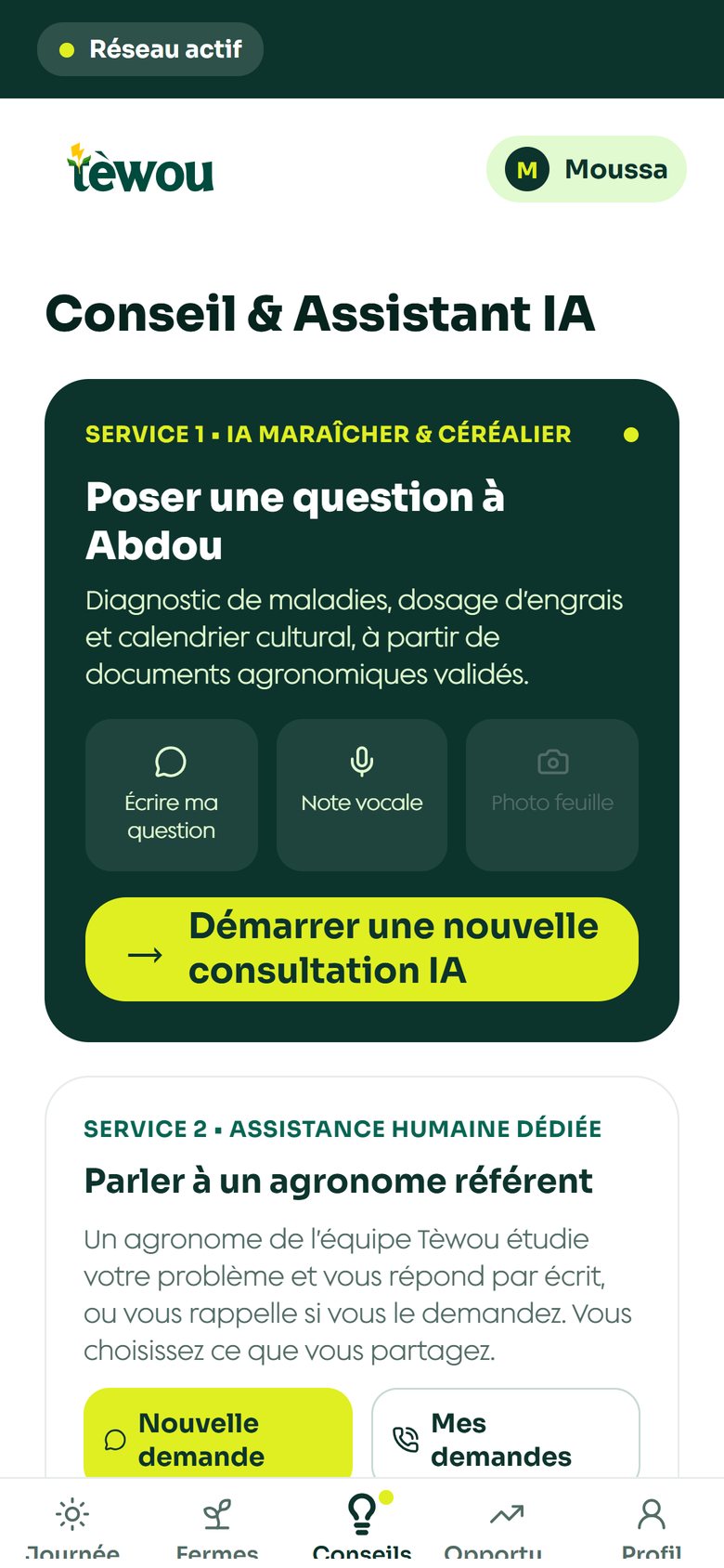 Écran des conseils avec Abdou